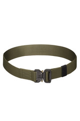 Subject shot of a khaki canvas belt fitted with a black metal male buckle and a black belt loop. The webbing belt is isolated on the white background.