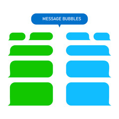 Obraz premium Messages bubbles for chat, text-sms, mms isolated on white background. Modern chat service in flat style. Blank green and blue speech messages-communication elements. Web messenger interface. Vector