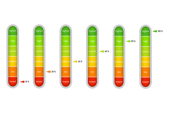 Indicator of meter with percentage units isolated on transparent background. Vertical level bar of energy efficiency. Concept of slide infographic. Ruler, speedometer, diagram for measurement. Vector