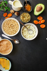 breakfast (oatmeal porridge, dairy products and more, snack) menu concept background. top view. copy space
