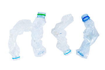 collection of empty used plastic bottles on white background clipping path