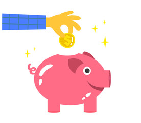 Obraz premium Piggy bank pig and hand with coin on a white background. Vector illustration.