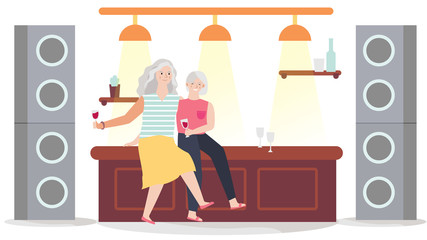 Elderly women drinking in bar, old friends meeting, vector illustration. Smiling senior women having fun, cartoon characters drinking wine in bar. Cheerful old people relaxing in bar, happy retirement