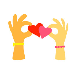 Obraz premium Hands of people in love and two hearts on a white background. Vector illustration.
