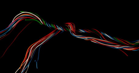 Telecommunication network cables, wires isolated on black background