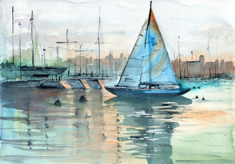 Watercolor illustration of a sailboat in a marina with some yachts and buildings on the horizon