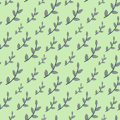Cute romantic seamless pattern with grey branches with leaves on light green background
