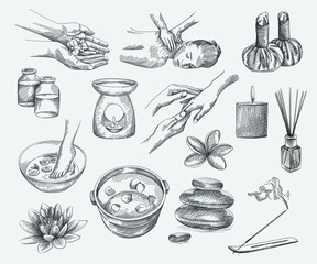 Hand-drawn sketch of spa set tools. Flower in hands, foot soaking in a small bowl with lemons, a small bowl with flower petals, back and hands massage,  herbal pouches, candle burner, herb jars, aroma