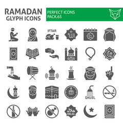 Ramadan glyph icon set, islamic holiday symbols collection, vector sketches, logo illustrations, islam icons, muslim day signs solid pictograms package isolated on white background, eps 10.