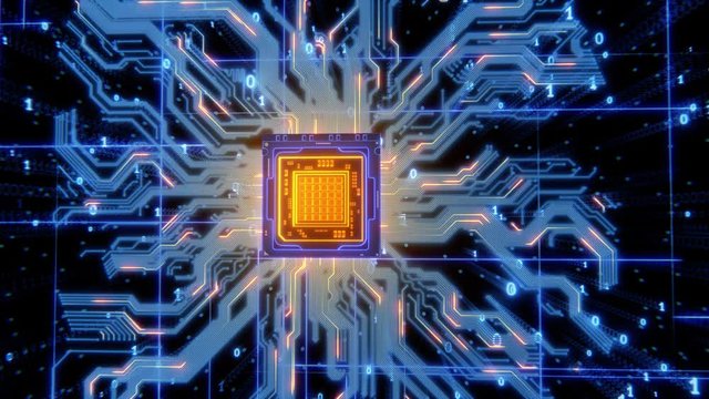 Abstract glowing processor with wires, circuits, signals, and digits 3d render