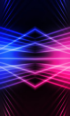 Background of empty stage show. Neon blue and purple light and laser show. Laser futuristic shapes on a dark background. Abstract dark background with neon glow