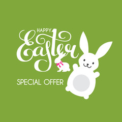 Happy Easter label. Funny bunnt and lettering.