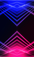 Background of empty stage show. Neon blue and purple light and laser show. Laser futuristic shapes on a dark background. Abstract dark background with neon glow
