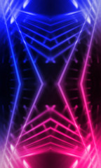 Background of empty stage show. Neon blue and purple light and laser show. Laser futuristic shapes on a dark background. Abstract dark background with neon glow