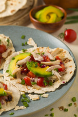 Mini tortillas with tomato salsa, avocado and boiled chicken. Front view.