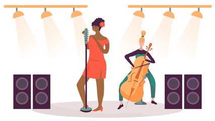 Woman singing on stage, musician playing cello, vector illustration. Jazz concert, live music performance, women cartoon characters in flat style. Female singer on stage, talent show casting