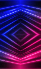 Background of empty stage show. Neon blue and purple light and laser show. Laser futuristic shapes on a dark background. Abstract dark background with neon glow