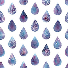 Vector blue and pink watercolor doodle drops seamless pattern background