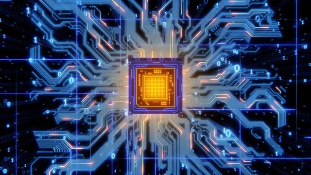 Abstract glowing processor with wires, circuits, signals, and digits 3d render