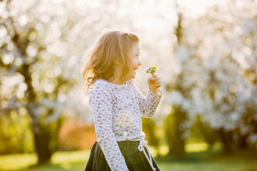 Happy little girl in a blooming spring park with a small field bouquet