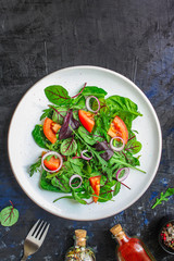 Healthy salad, leaves mix salad (mix micro greens, cucumber, tomato, onion, other ingredients). food background. copy space
