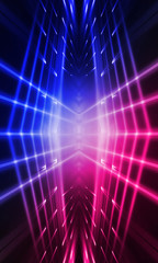 Background of empty stage show. Neon blue and purple light and laser show. Laser futuristic shapes on a dark background. Abstract dark background with neon glow