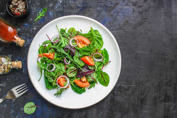 Healthy salad, leaves mix salad (mix micro greens, cucumber, tomato, onion, other ingredients). food background. copy space