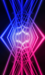 Background of empty stage show. Neon blue and purple light and laser show. Laser futuristic shapes on a dark background. Abstract dark background with neon glow