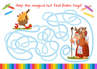Funny old witch with a staff and an owl. Help the magical hut find Baba Yaga. Educational game for children. Cartoon vector illustration. Maze.