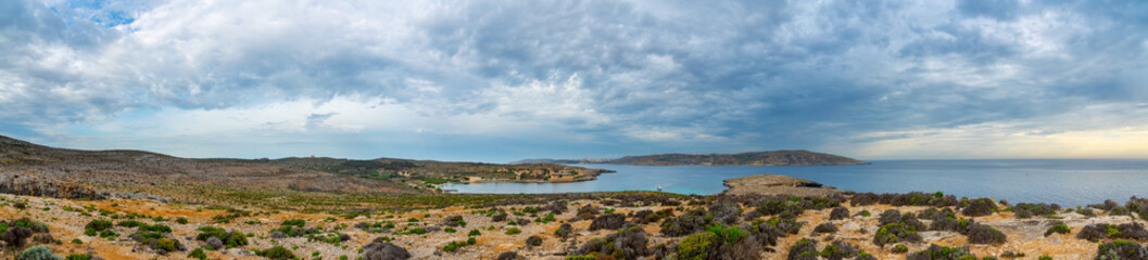 Fototapeta na wymiar Panorama of stone desert. Panoramic Landscape of Comino Island, Malta