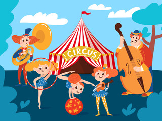 Circus background with musicians and cartoon cute characters