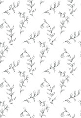 Vector Hand Drawn Line Drawing Doodle Floral Seamless Pattern with Wildflowers, Plants, Branches, Leaves. Design Elements Illustration. Branding. Swatch