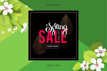 Spring sale. Seasonal offer poster template with flowers and lettering. Realistic apple blossom.