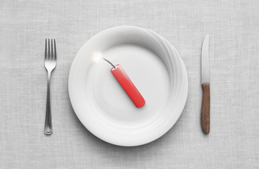 Knife and fork with plate, top view, 3d rendering