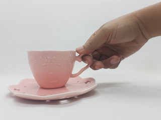 Colorful Cute Beautiful Luxury Pink Tea and Coffee Porcelain Cup Set Design for Kitchen Utensils in White Isolated Background