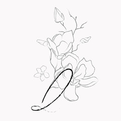 Handwritten Floral Logo Template. Line Drawing Monogram Q with Magnolia Flower, Plants, Branches, Leaves. Design Element Vector Illustration. Branding. Wedding, photography, art, studio