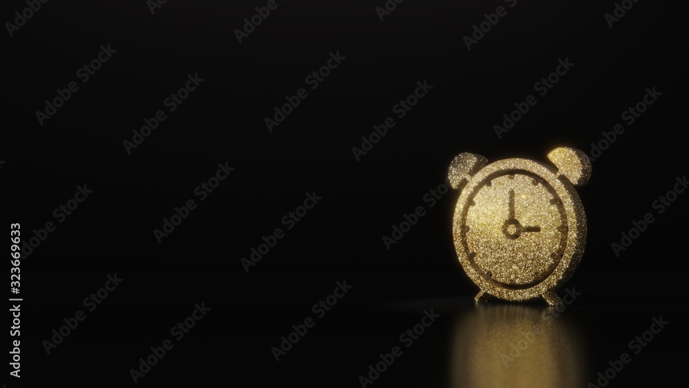 Poster science glitter gold glitter symbol of alarm clock 3d rendering on dark black background with blurre