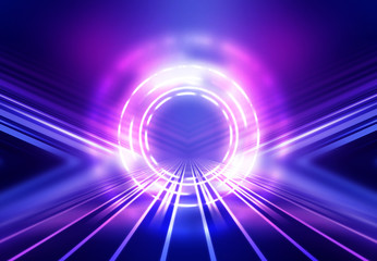 Dark abstract background. Empty scene in a nightclub. Neon purple and blue lights, smoke.
