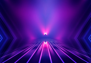 Dark abstract background. Empty scene in a nightclub. Neon purple and blue lights, smoke.