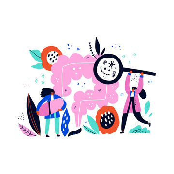 Human intestine research. Two scientists with microscope and medicine pill near alimentary canal. Preventing rectum cancer. Cartoon character design. Web elements for medical scientist organization or