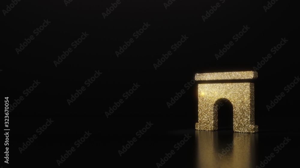Poster science glitter gold glitter symbol of archway 3d rendering on dark black background with blurred re
