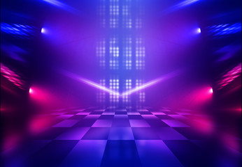 Dark abstract background. Empty scene in a nightclub. Neon purple and blue lights, smoke.