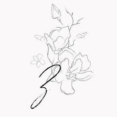 Handwritten Floral Logo Template. Line Drawing Monogram Z with Magnolia Flower, Plants, Branches, Leaves. Design Element Vector Illustration. Branding. Wedding, photography, art, studio