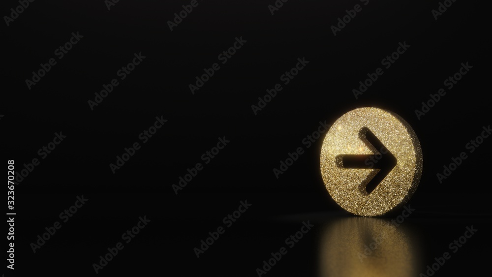 Poster science glitter gold glitter symbol of right arrow in circle 3d rendering on dark black background w