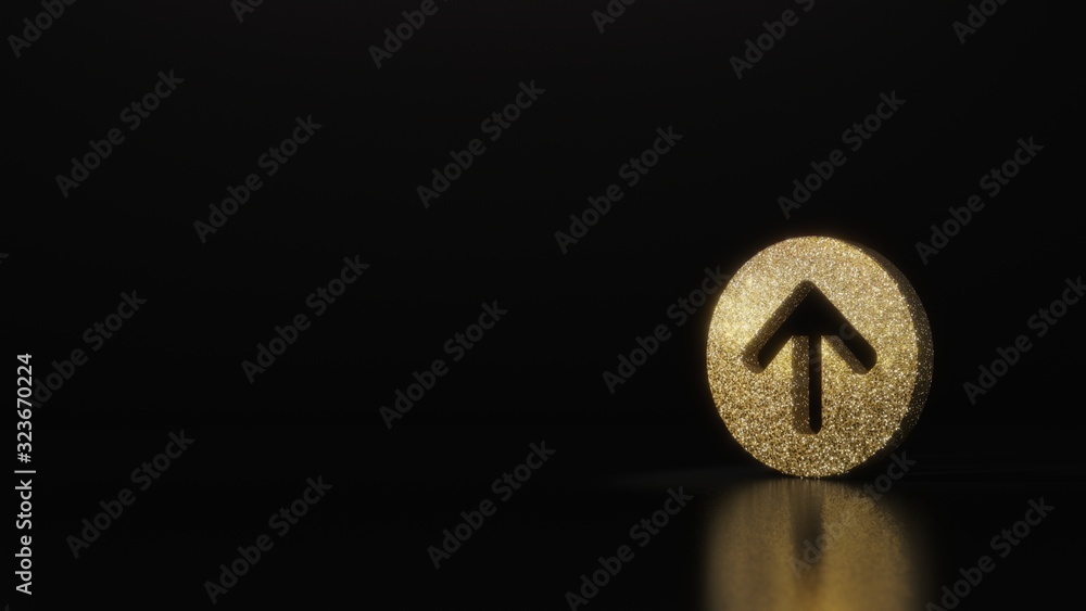Poster science glitter gold glitter symbol of up arrow in circle 3d rendering on dark black background with