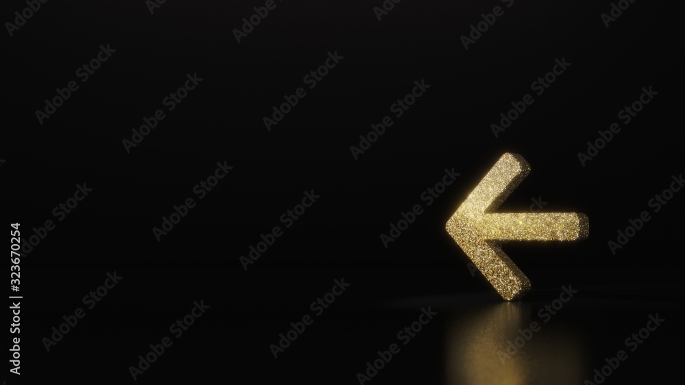 Poster science glitter gold glitter symbol of arrow left 3d rendering on dark black background with blurred