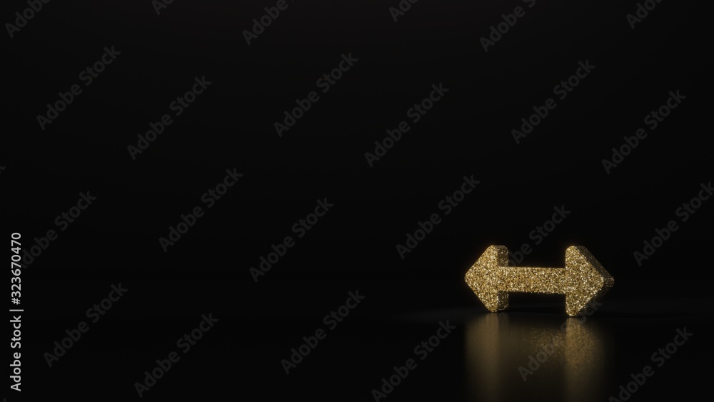 Poster science glitter gold glitter symbol of double horizontal arrow 3d rendering on dark black background