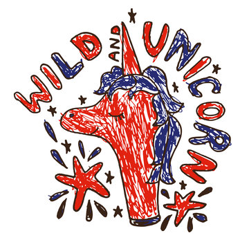 Doodle with unicorn and lettering colored by child with red and blue ink. small kid coloing book.