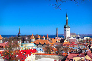 Panoramic view, aerial skyline of Old City Town, Toompea Hill, St. Olaf Baptist Church,...