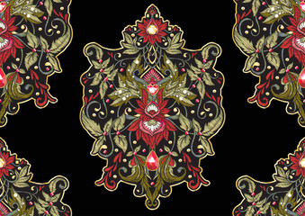 Seamless pattern with patch, embroidery imitation. Decorative motif in retro, vintage, jacobean embroidery style. Vector illustration isolaterd on black ackground.